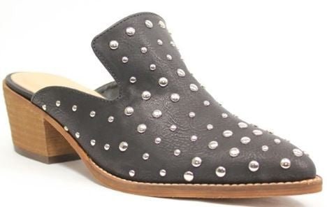 Black with all over silver studs block heel mule shoe.  