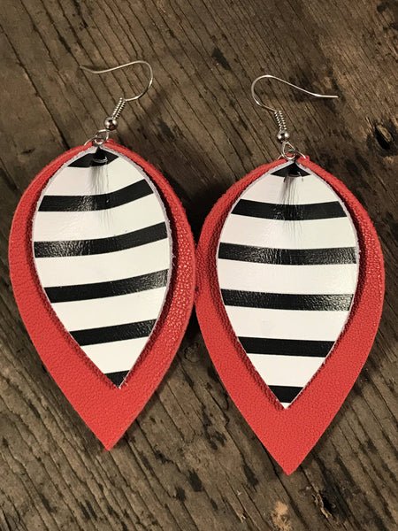 Red With Black and White Stripe Leather Earring