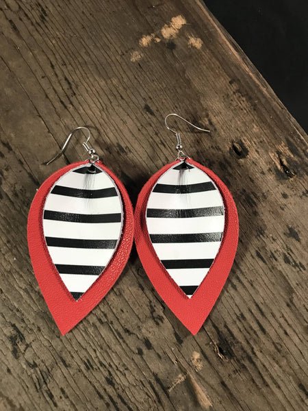 Red With Black and White Stripe Leather Earring