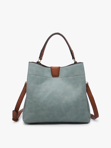 vegan leather Tati satchel style bag with brown straps for over the shoulder or hand carry with magnetic snap closure in sage green and straps brown