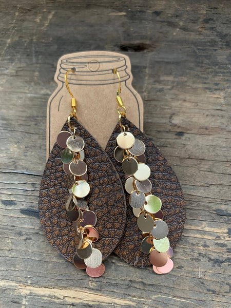 Brown Gold Dangle Chain Leather Earring