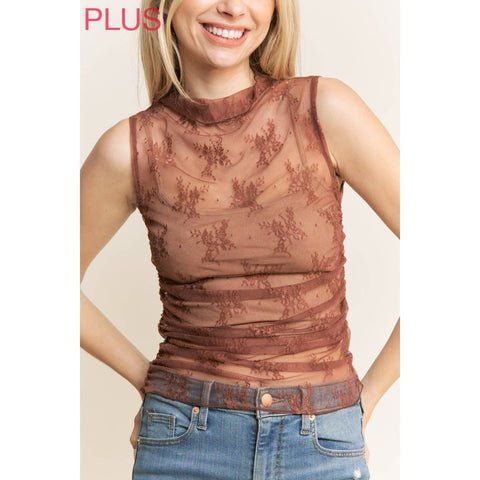 Sheer mesh lightweight high neck fabric that is soft lace and sleeveless