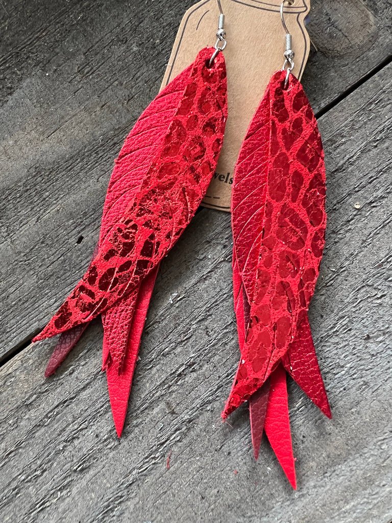 Red Leopard Metallic Fringe Feather Leather Earrings