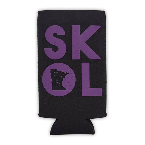 Black can cooler with purple 'SKOL' text 