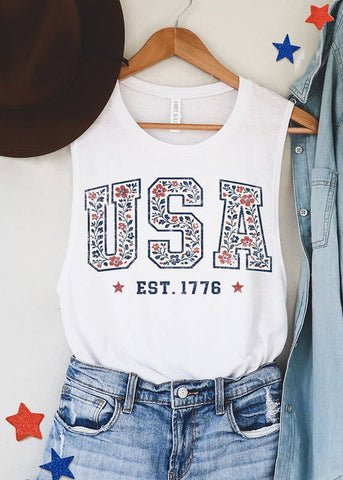 100% cotton white graphic T USA in floral and EST. 1776