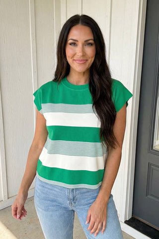 Green and white block stripe tee with round neckline