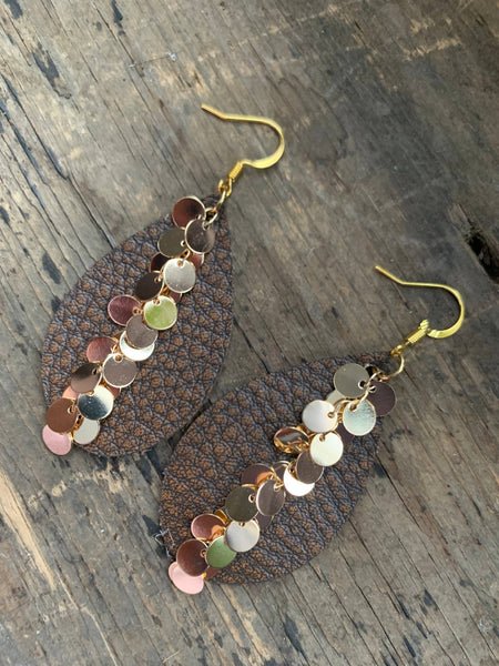 Brown Gold Dangle Chain Leather Earring