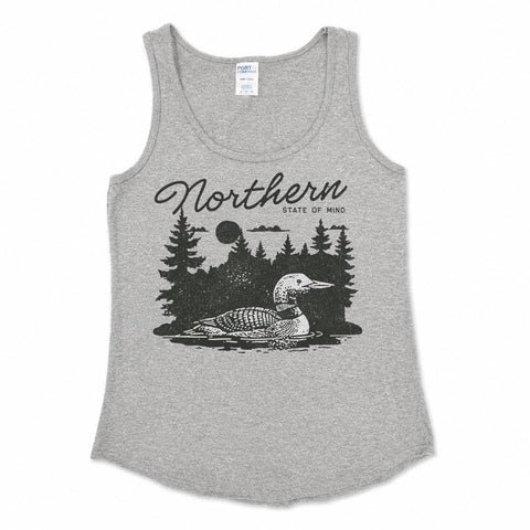 gray tank top with screen printing of a loon on the north shore "northern state of mind" in black