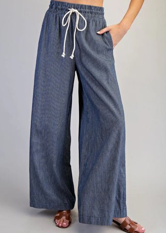 high waisted wide leg pinstripe pocketed pants with a white drawstring