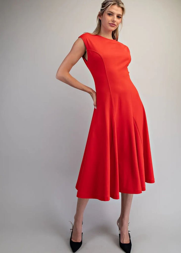 Midi Tomato red sculpted dress with a round neckline while the dress is A line with a discreet back zipper