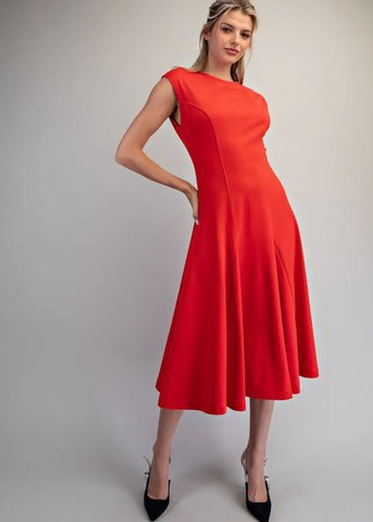 Midi Tomato red sculpted dress with a round neckline while the dress is A line with a discreet back zipper