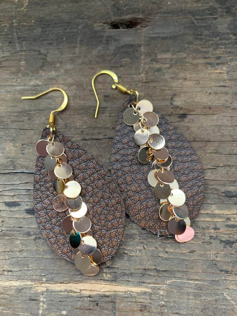 Brown Gold Dangle Chain Leather Earring