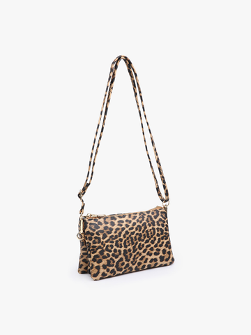 3 compartment leopard crossbody or wristlet with golden connectors and clasps