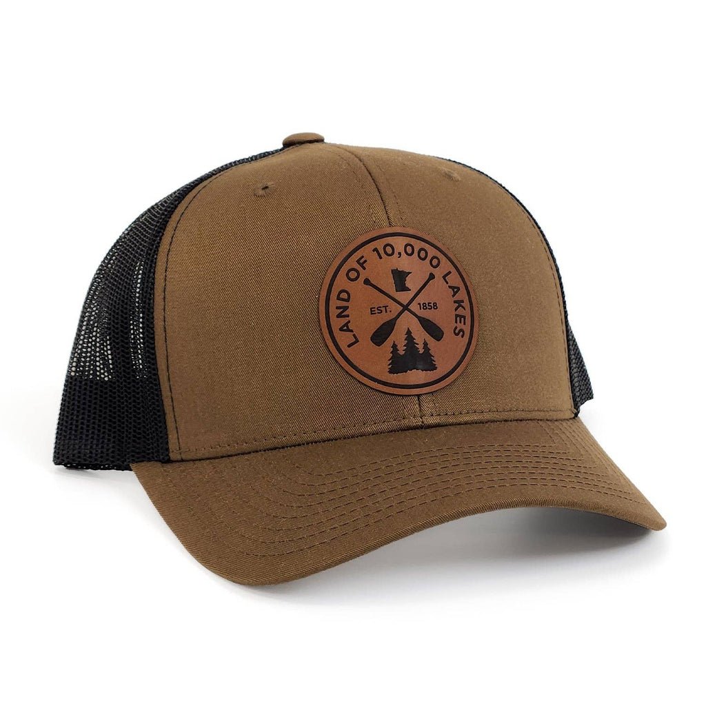 Brown cap with black mesh back and 'Land of 10,000 Lakes' logo.