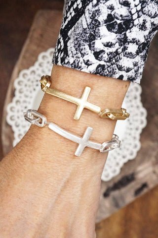 Sideways Cross bracelet worn gold silver tone stretch chain minimal style Minimal style cross Stretchy paper clip style chain Worn Silver or worn gold