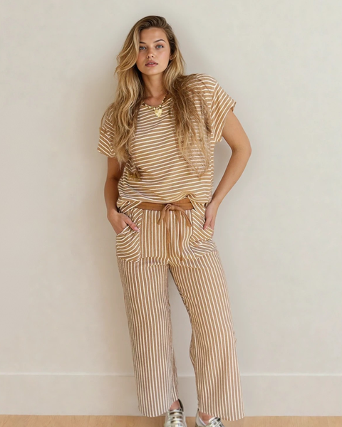 brown and white stripe set.  Top has short sleeves and pants are cropped with draw string and pockets