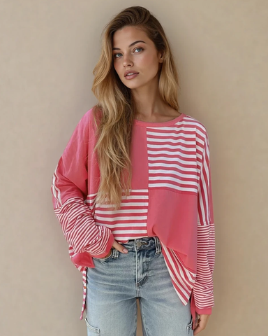 Oversized pink and white stripe color block boatneck top with drop shoulders