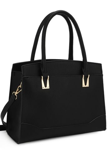 satchel style hand bag with gold adornments can be used as a shoulder bag or handheld with 2 straps